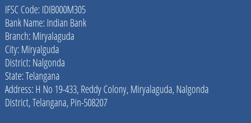 Indian Bank Miryalaguda Branch, Branch Code 00M305 & IFSC Code IDIB000M305