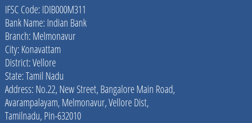 Indian Bank Melmonavur Branch Vellore IFSC Code IDIB000M311