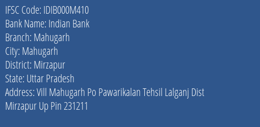 Indian Bank Mahugarh Branch, Branch Code 00M410 & IFSC Code Idib000m410