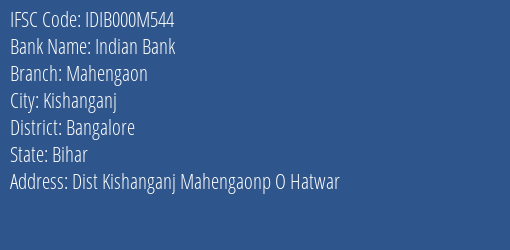 Indian Bank Mahengaon Branch Bangalore IFSC Code IDIB000M544