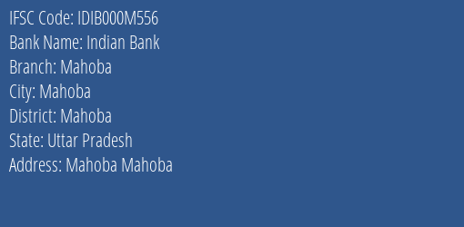 Indian Bank Mahoba Branch, Branch Code 00M556 & IFSC Code IDIB000M556