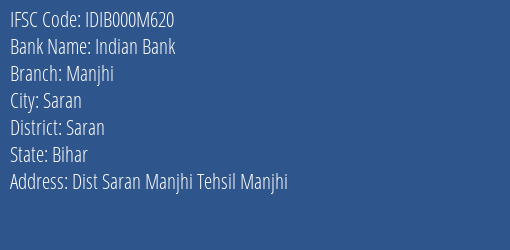 Indian Bank Manjhi Branch Saran IFSC Code IDIB000M620