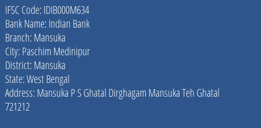 Indian Bank Mansuka Branch Mansuka IFSC Code IDIB000M634