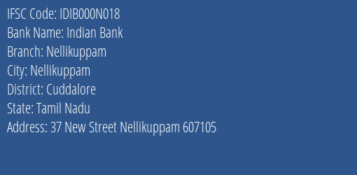 Indian Bank Nellikuppam Branch Cuddalore IFSC Code IDIB000N018