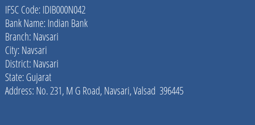 Indian Bank Navsari Branch, Branch Code 00N042 & IFSC Code IDIB000N042
