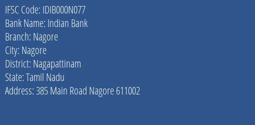 Indian Bank Nagore Branch Nagapattinam IFSC Code IDIB000N077