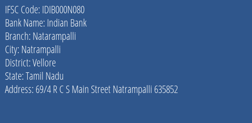 Indian Bank Natarampalli Branch Vellore IFSC Code IDIB000N080