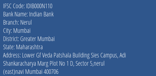 Indian Bank Nerul Branch, Branch Code 00N110 & IFSC Code Idib000n110