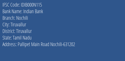 Indian Bank Nochili Branch Tiruvallur IFSC Code IDIB000N115
