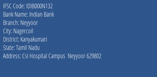Indian Bank Neyyoor Branch Kanyakumari IFSC Code IDIB000N132