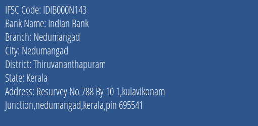 Indian Bank Nedumangad Branch Thiruvananthapuram IFSC Code IDIB000N143