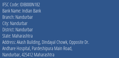 Indian Bank Nandurbar Branch, Branch Code 00N182 & IFSC Code IDIB000N182