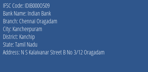 Indian Bank Chennai Oragadam Branch Kanchip IFSC Code IDIB000O509