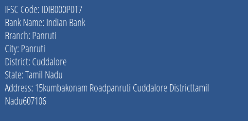 Indian Bank Panruti Branch Cuddalore IFSC Code IDIB000P017