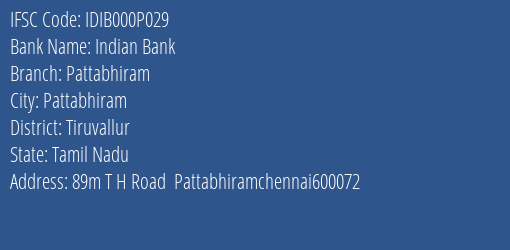 Indian Bank Pattabhiram Branch Tiruvallur IFSC Code IDIB000P029
