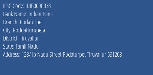 Indian Bank Podaturpet Branch Tiruvallur IFSC Code IDIB000P038