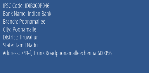 Indian Bank Poonamallee Branch Tiruvallur IFSC Code IDIB000P046