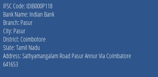Indian Bank Pasur Branch Coimbotore IFSC Code IDIB000P118