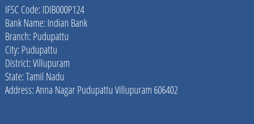 Indian Bank Pudupattu Branch Villupuram IFSC Code IDIB000P124