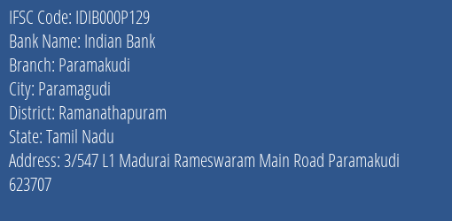 Indian Bank Paramakudi Branch Ramanathapuram IFSC Code IDIB000P129