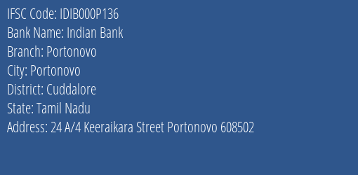 Indian Bank Portonovo Branch Cuddalore IFSC Code IDIB000P136