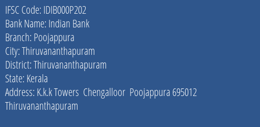 Indian Bank Poojappura Branch Thiruvananthapuram IFSC Code IDIB000P202