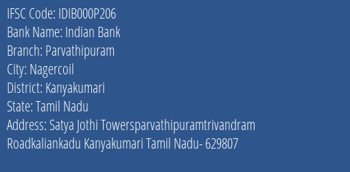 Indian Bank Parvathipuram Branch Kanyakumari IFSC Code IDIB000P206