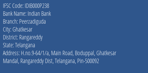 Indian Bank Peerzadiguda Branch Rangareddy IFSC Code IDIB000P238