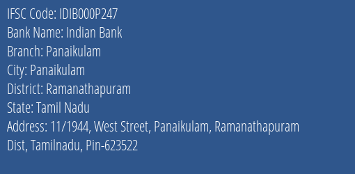 Indian Bank Panaikulam Branch Ramanathapuram IFSC Code IDIB000P247