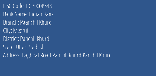 Indian Bank Paanchli Khurd Branch Panchli Khurd IFSC Code IDIB000P548