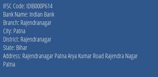 Indian Bank Rajendranagar Branch Rajendranagar IFSC Code IDIB000P614