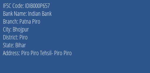 Indian Bank Patna Piro Branch Piro IFSC Code IDIB000P657