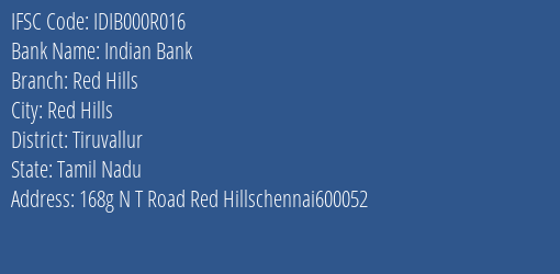 Indian Bank Red Hills Branch Tiruvallur IFSC Code IDIB000R016