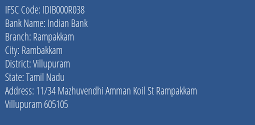 Indian Bank Rampakkam Branch Villupuram IFSC Code IDIB000R038