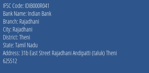 Indian Bank Rajadhani Branch Theni IFSC Code IDIB000R041