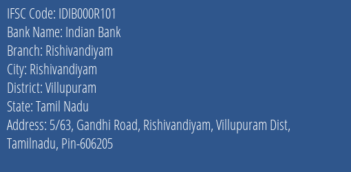 Indian Bank Rishivandiyam Branch Villupuram IFSC Code IDIB000R101