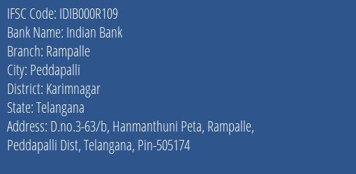 Indian Bank Rampalle Branch Karimnagar IFSC Code IDIB000R109