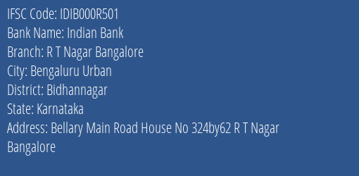 Indian Bank R T Nagar Bangalore Branch Bidhannagar IFSC Code IDIB000R501