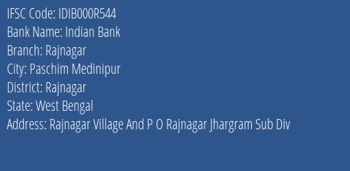 Indian Bank Rajnagar Branch, Branch Code 00R544 & IFSC Code Idib000r544