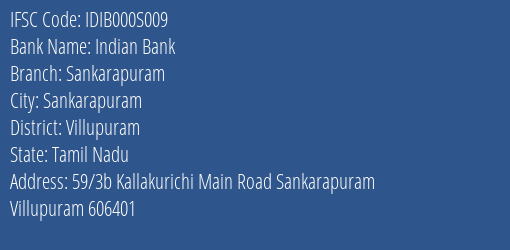 Indian Bank Sankarapuram Branch Villupuram IFSC Code IDIB000S009