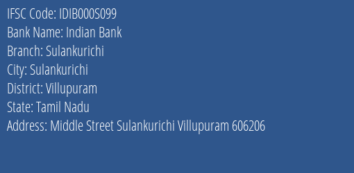 Indian Bank Sulankurichi Branch Villupuram IFSC Code IDIB000S099