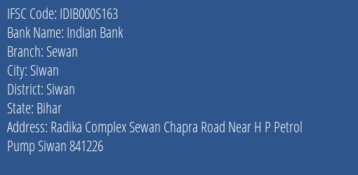 Indian Bank Sewan Branch, Branch Code 00S163 & IFSC Code IDIB000S163