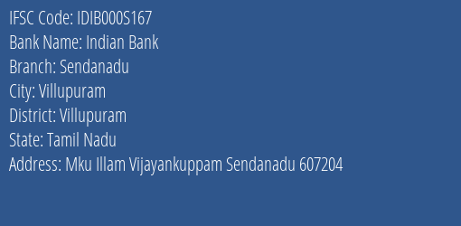 Indian Bank Sendanadu Branch Villupuram IFSC Code IDIB000S167