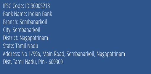 Indian Bank Sembanarkoil Branch Nagapattinam IFSC Code IDIB000S218