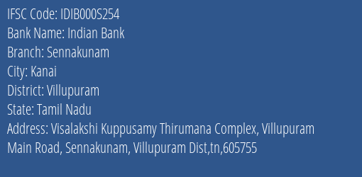 Indian Bank Sennakunam Branch Villupuram IFSC Code IDIB000S254