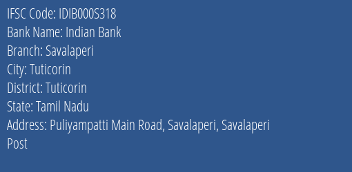 Indian Bank Savalaperi Branch Tuticorin IFSC Code IDIB000S318