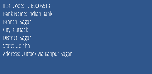 Indian Bank Sagar Branch, Branch Code 00S513 & IFSC Code Idib000s513