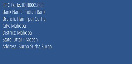 Indian Bank Hamirpur Surha Branch, Branch Code 00S803 & IFSC Code IDIB000S803