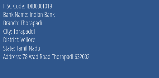 Indian Bank Thorapadi Branch Vellore IFSC Code IDIB000T019
