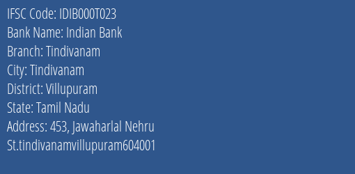 Indian Bank Tindivanam Branch Villupuram IFSC Code IDIB000T023
